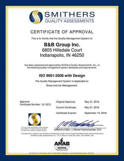 ISO 9000 SN9001 Certificate - B&B Group, Indianapolis, IN